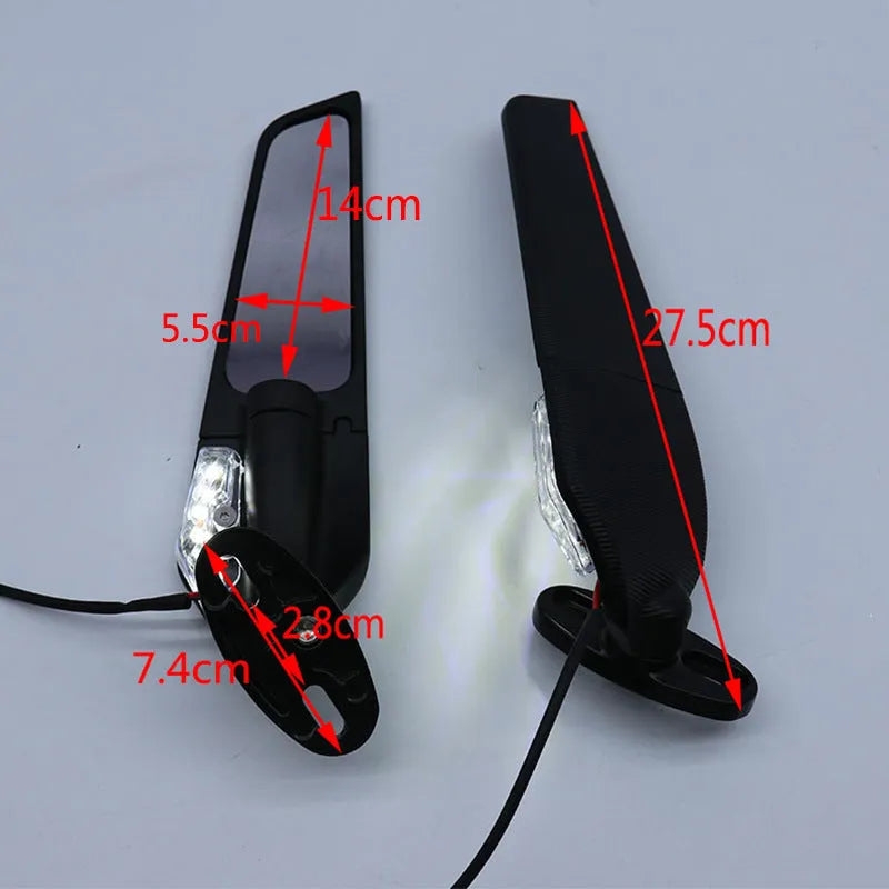 Pair of motorcycle spoiler rearview mirrors with yellow LED lights, aluminium alloy construction, convex white glass lenses