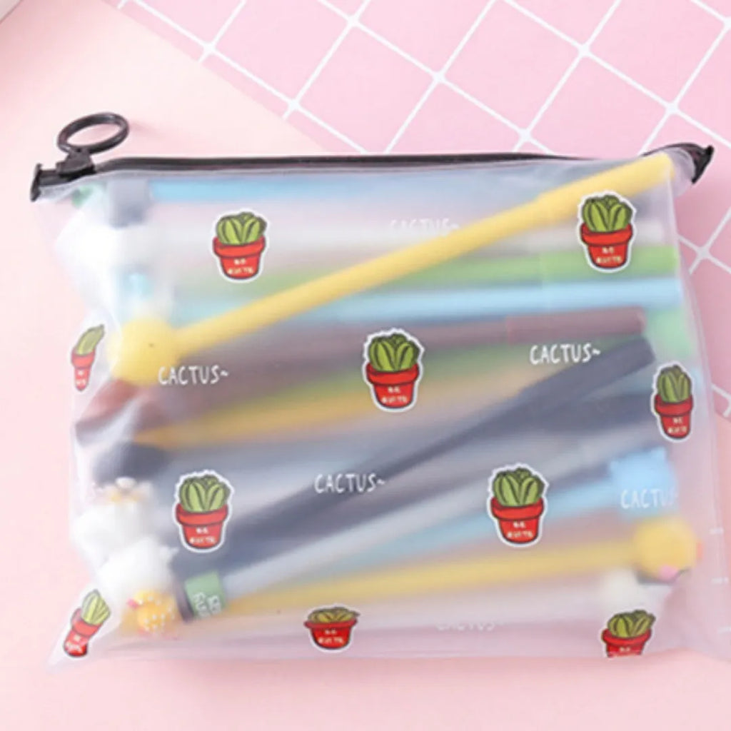Marvel cartoon pen set showing 20 0.5mm black gel pens in 21x17cm plastic storage case with cactus character designs