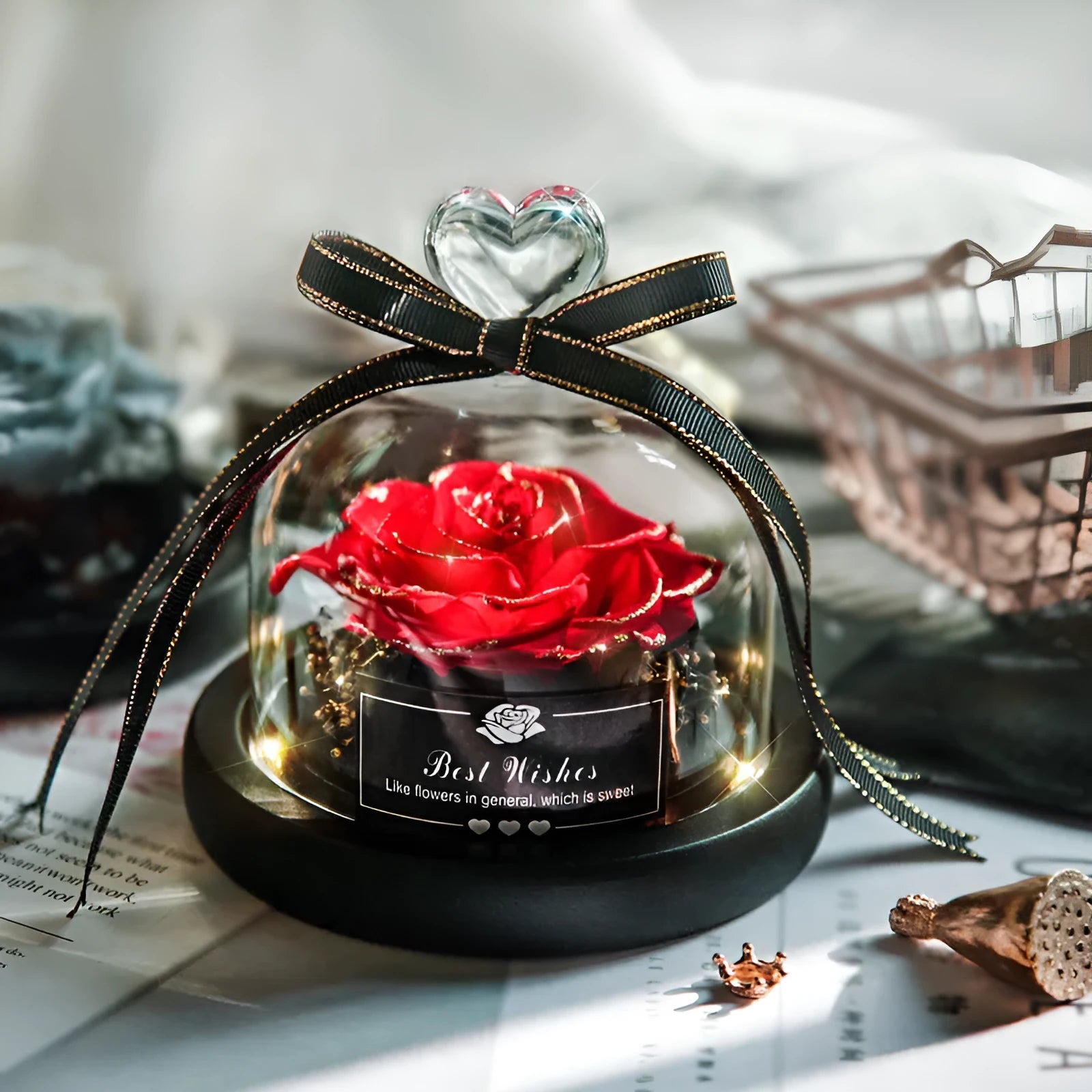 Eternal real rose with LED light inside a 13x13x12cm transparent glass dome, available in multiple colours