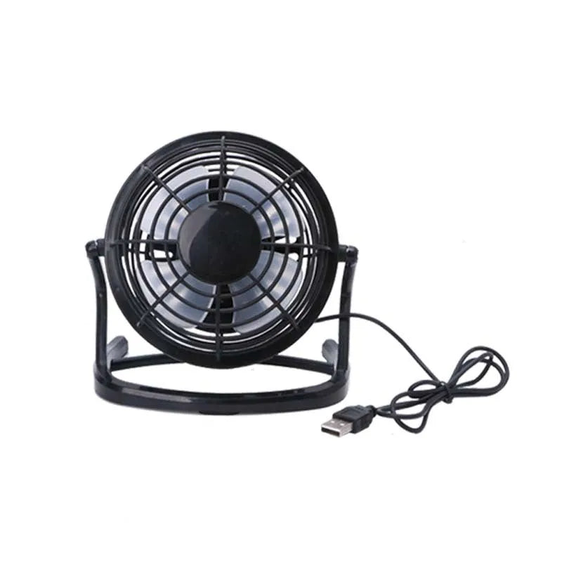 Mini portable USB desk fan in black, white, or blue with adjustable angle and 16cm size