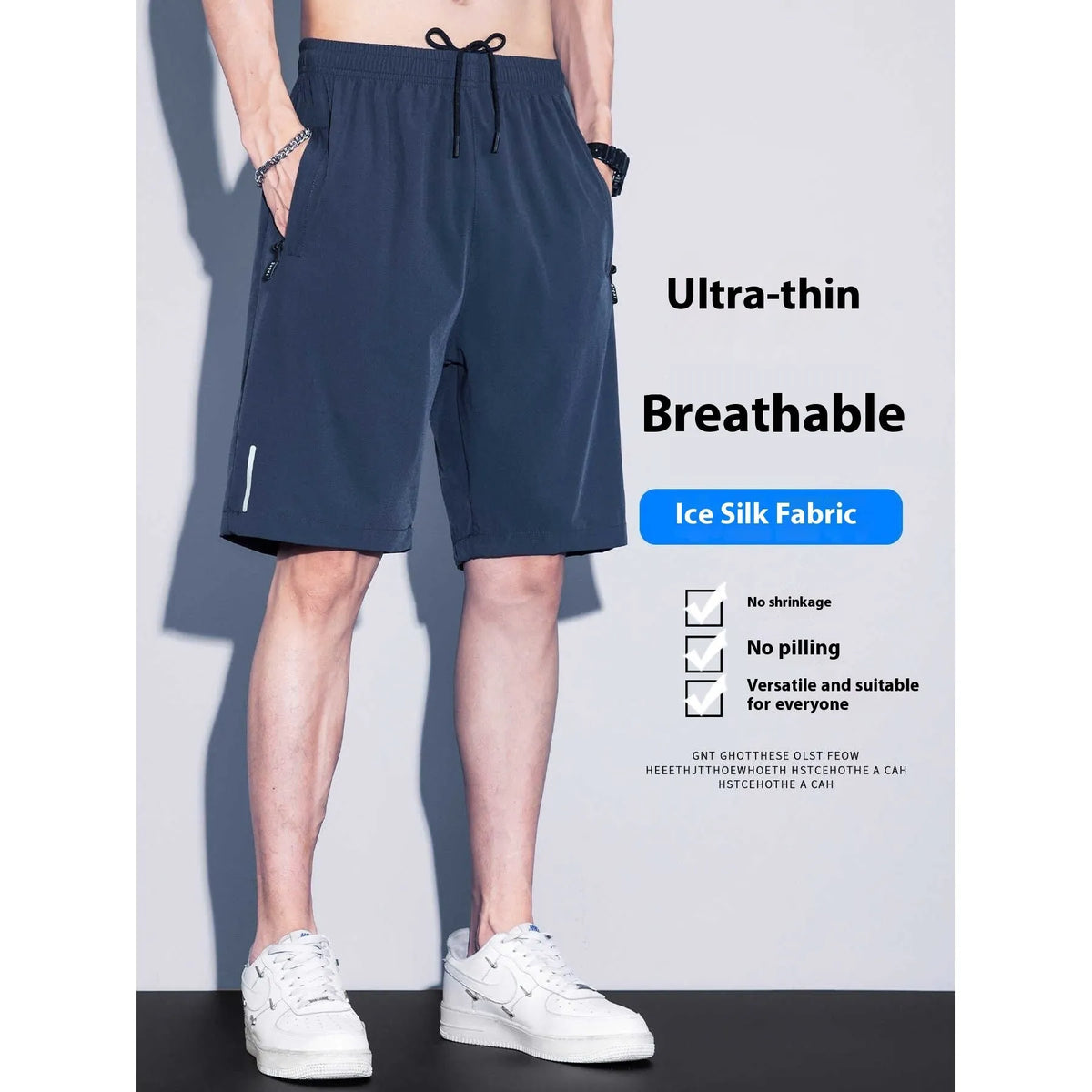 Men's thin ice silk quick-drying running shorts in black, dark blue, or light grey, sizes M to 4XL
