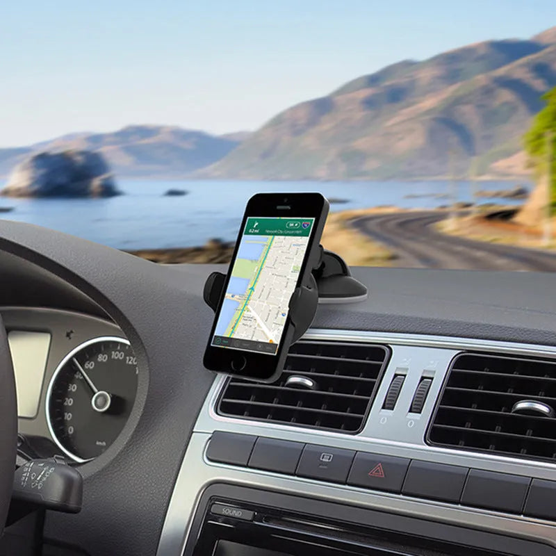 Suction cup car phone holder in black or blue for phones 5cm to 8cm wide, mounted on glass or dashboard.