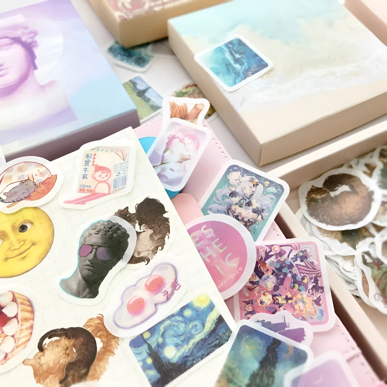 200-piece Japanese washi paper sticker box set with seven design themes for diary decoration