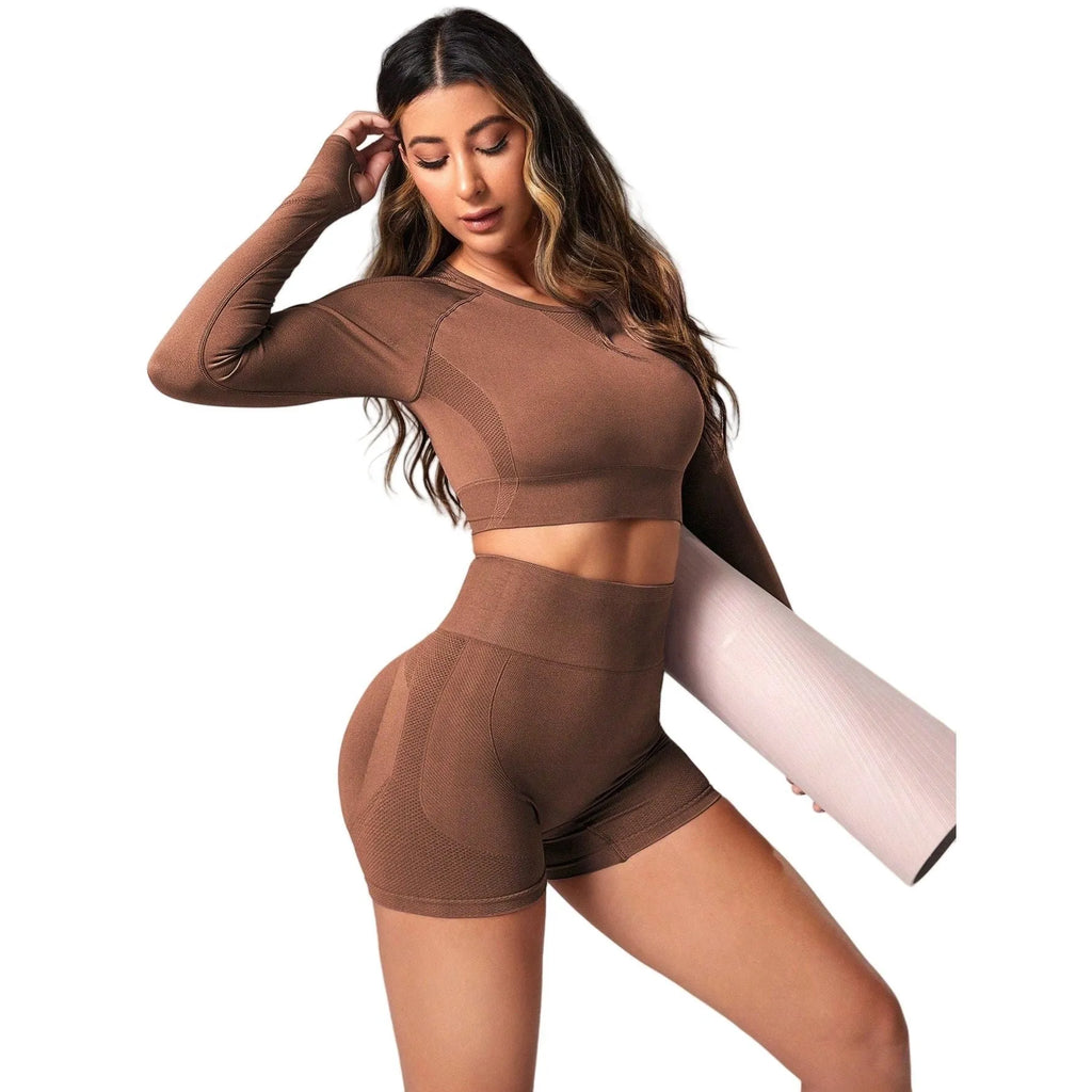 Women's high-waisted yoga suit in nylon-spandex blend available in black, brown and purple colours