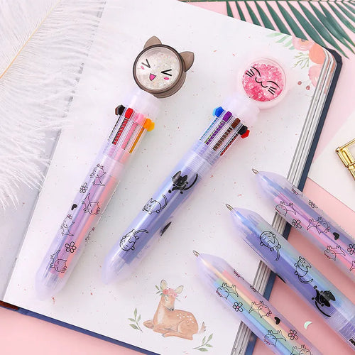 Cute cat design ten-colour push-type student pen with 0.5mm nib and 15cm length