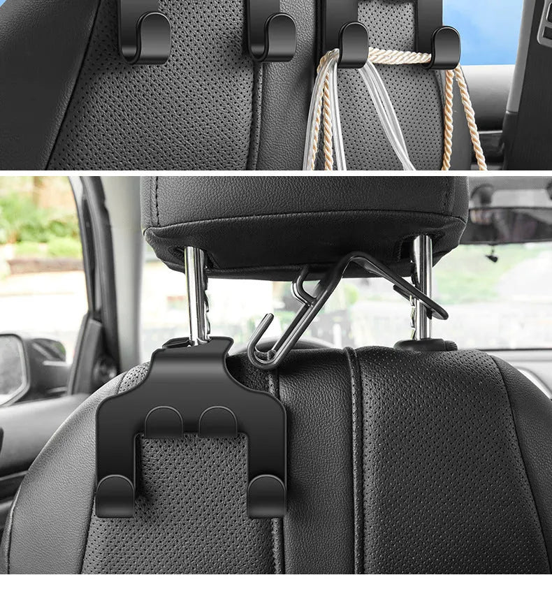 Two white ABS plastic car multifunction holder hooks mounted on a car dashboard.