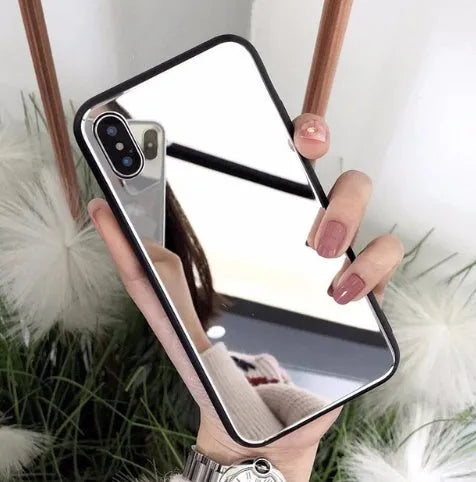 Black mirror phone case for iPhone with integrated self-timer glass, showing dimensions of 158mm by 78mm