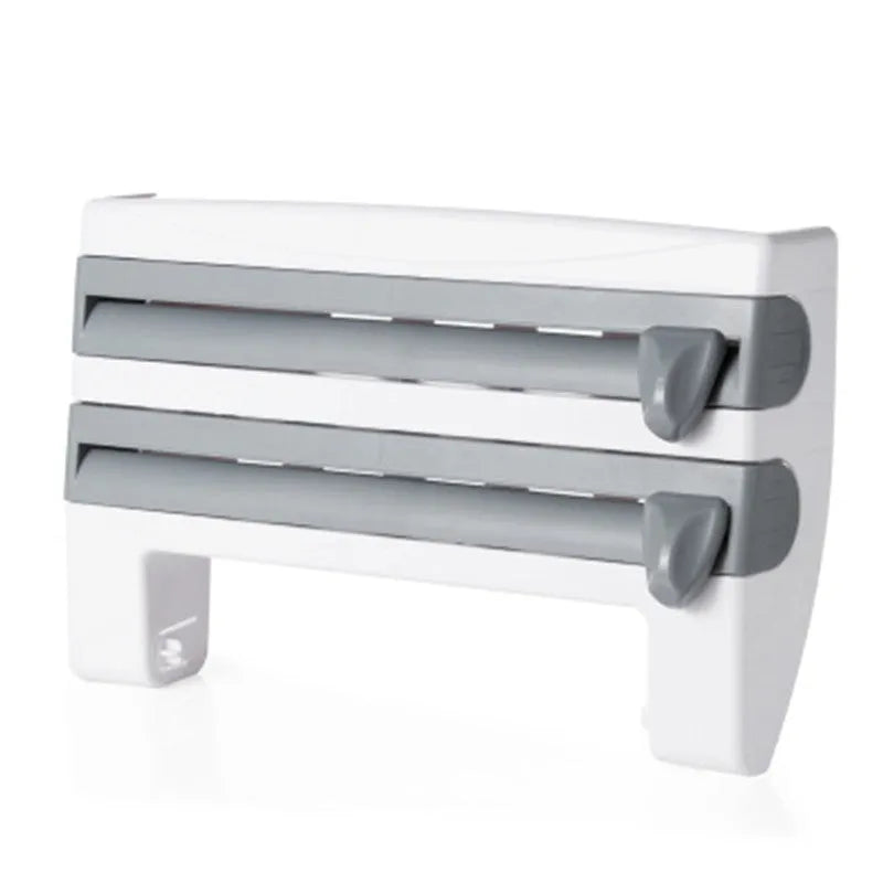 White wall-mounted 4-in-1 kitchen roll holder dispenser for cling film, foil, and paper towels