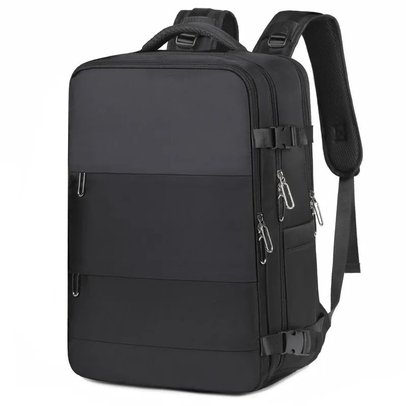 Large travel backpack with multiple compartments in purple, grey, black, or pink colours showing organisational pockets