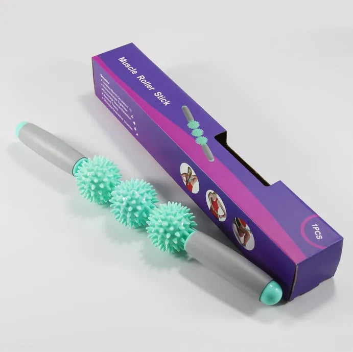 Anti cellulite massage stick with hedgehog balls and padded handles, 41cm or 51cm, in green blue red orange purple.