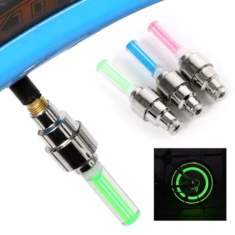 Stainless steel tyre valve light for car, bike and motorcycle in pink, blue or green with battery included