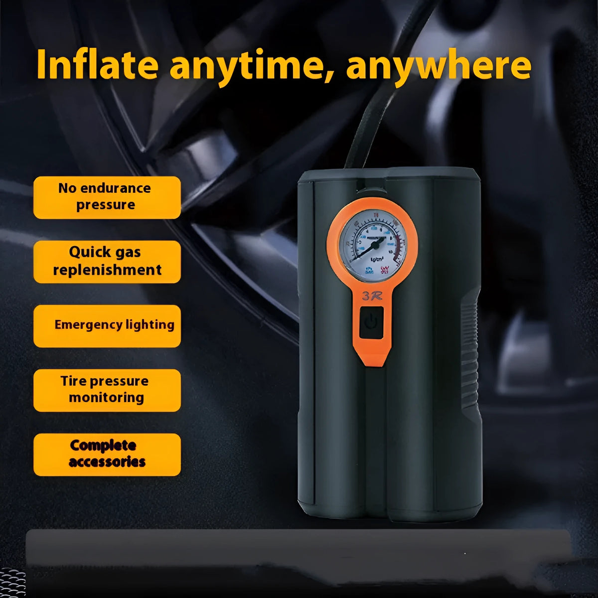 Portable car tyre inflator with digital display, integrated air pump, ABS and metal body, air nozzle and power cord