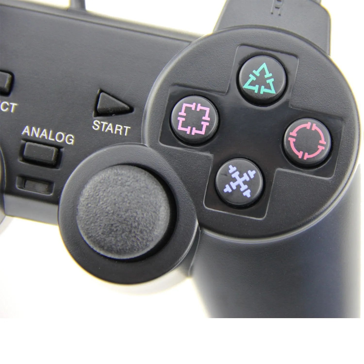 PS2 wired USB game controller in bare metal finish on a grey background