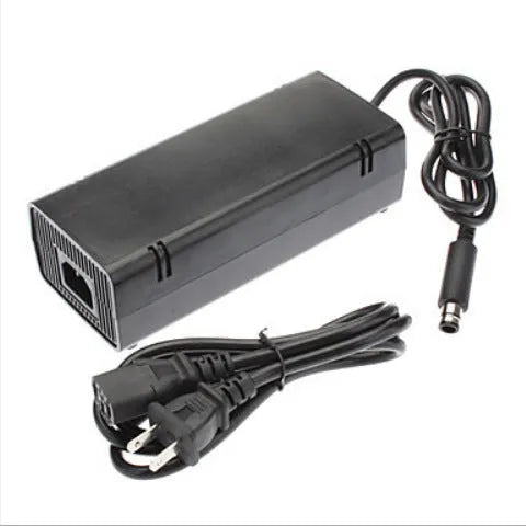 Black XBOX 360E AC power adapter with cable, compatible with multi-region consoles.