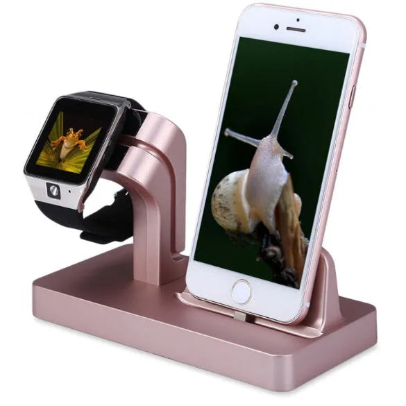 White 2-in-1 charging dock station for iPhone and Apple Watch on a desk