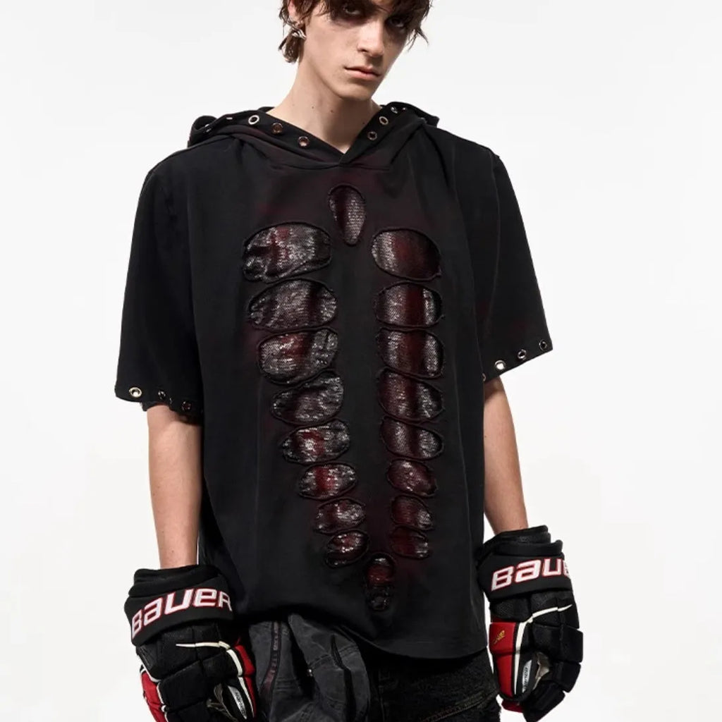 Black men's hooded short-sleeved T-shirt with sequin detailing in loose-fitting style