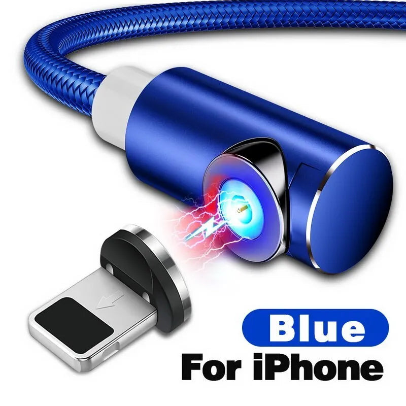 Magnetic charging cable with aluminium alloy housing showing magnetic connection to phone charging port