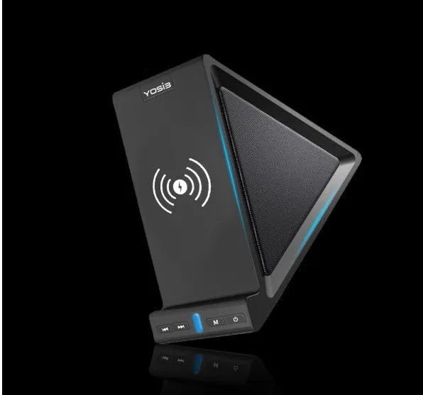 Black multifunctional Bluetooth speaker with integrated mobile phone stand and wireless charging surface, measuring 165x80x130mm