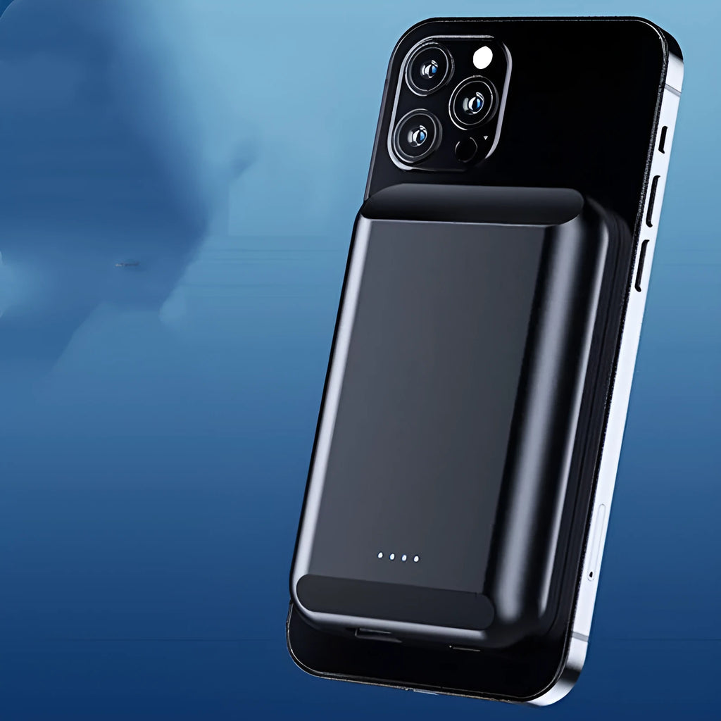 Magnetic wireless power bank measuring 85x55mm with 5000mAh capacity in multiple colour options
