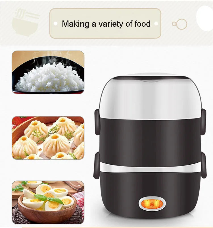 White plastic lunch box with multiple layers showing USB power port and heating function indicator