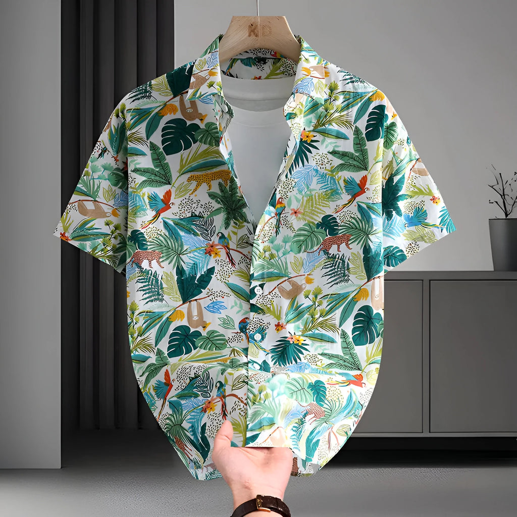 Men's short sleeve cotton cardigan shirt with printed Hawaiian floral pattern in various colour options