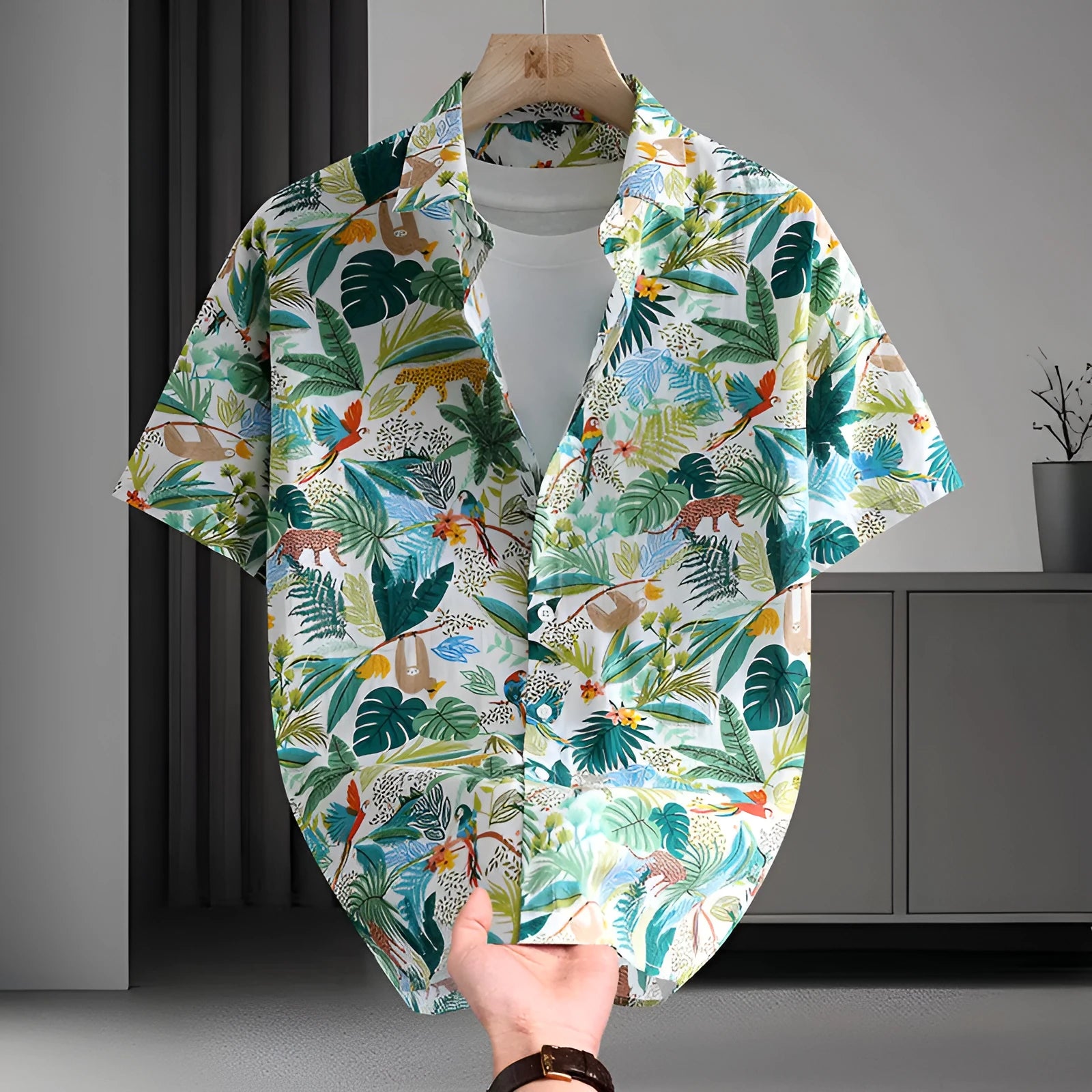 Men's short sleeve cotton cardigan shirt with printed Hawaiian floral pattern in various colour options