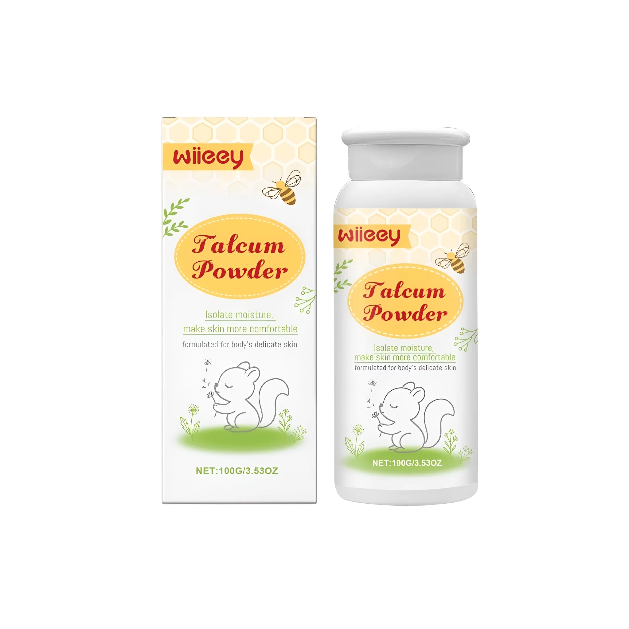 100g talcum powder container showing honeysuckle extract in ingredient list