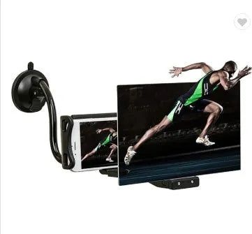 Mobile phone screen amplifier with 12-inch acrylic lens and black rotating bracket on a table