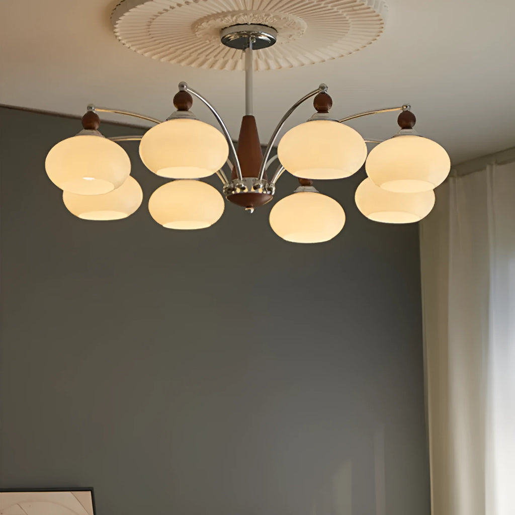 Persimmon glass chandelier with chrome and white lampshades in a middle ancient style