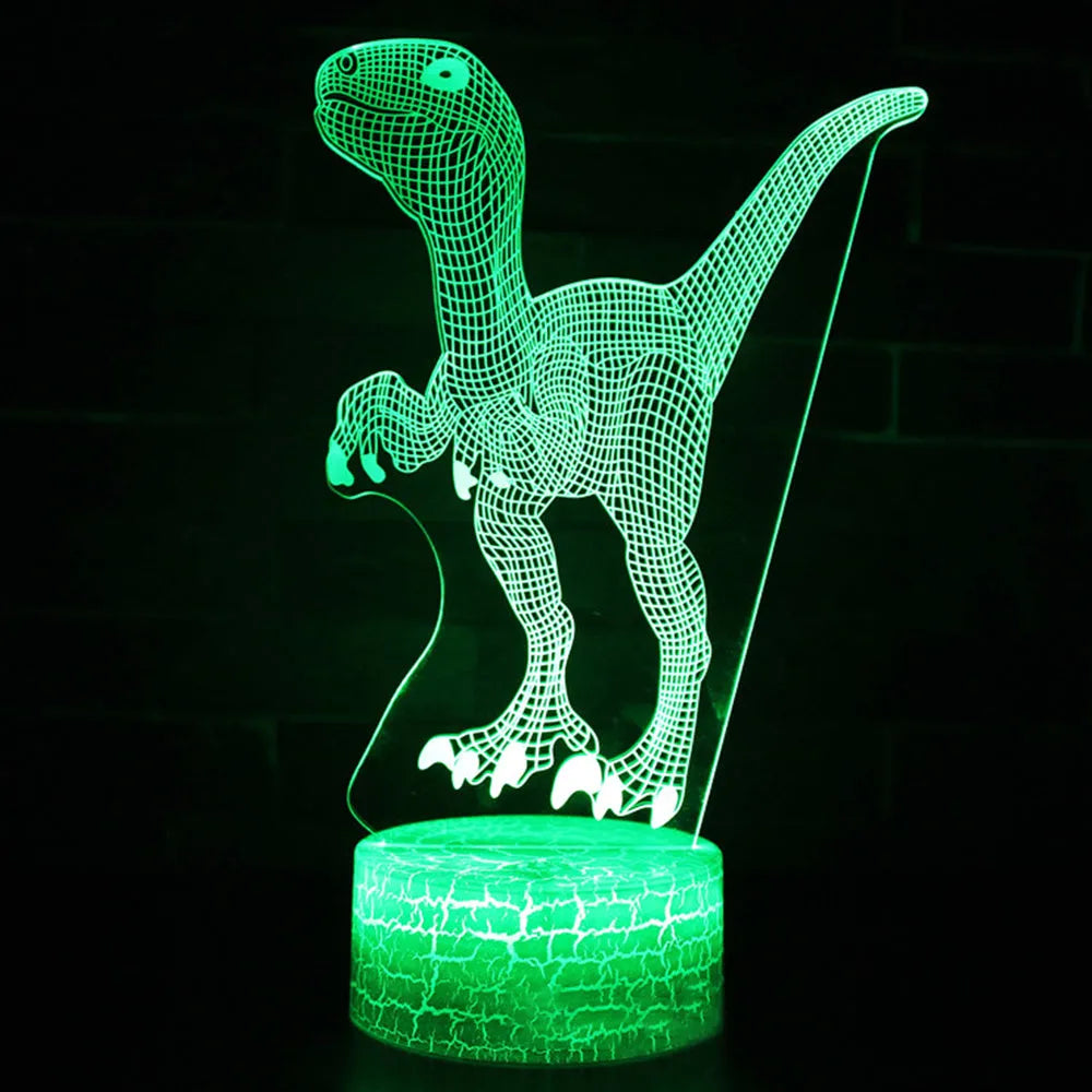 Colourful 3D dinosaur-shaped night light with multicoloured crack-style lighting effect on a table.