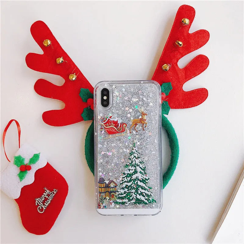 Transparent Christmas quicksand iPhone case with Santa Claus snowflake design on iPhone