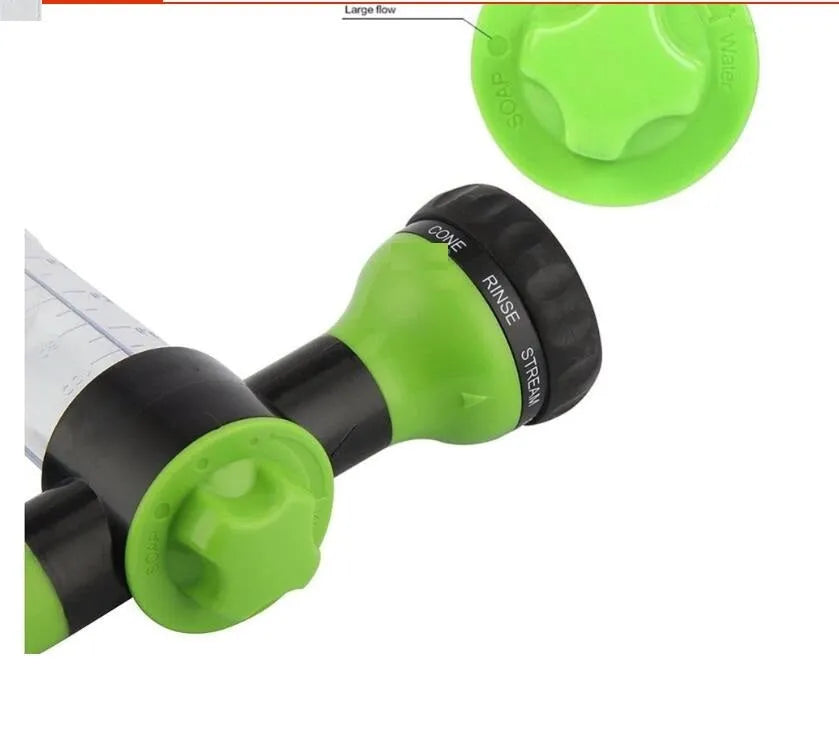 Green high-pressure foam spray gun with adjustable nozzle for car washing and household cleaning, showing eight spray types and 15cm by 21cm size