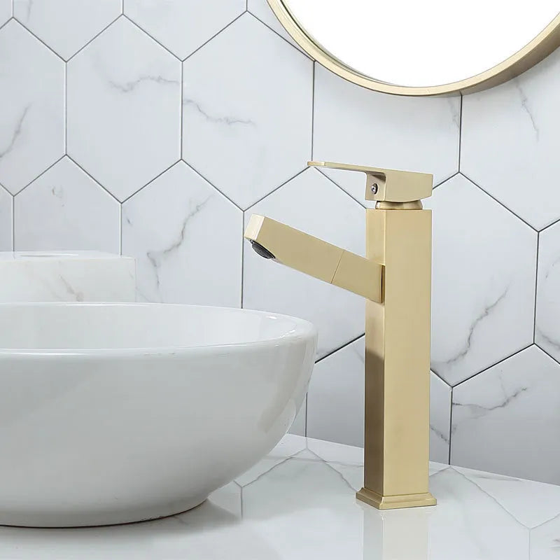 Brass square pull faucet with brushed gold finish for basin, showing high and low spout style options.