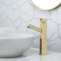 Brass square pull faucet with brushed gold finish for basin, showing high and low spout style options.