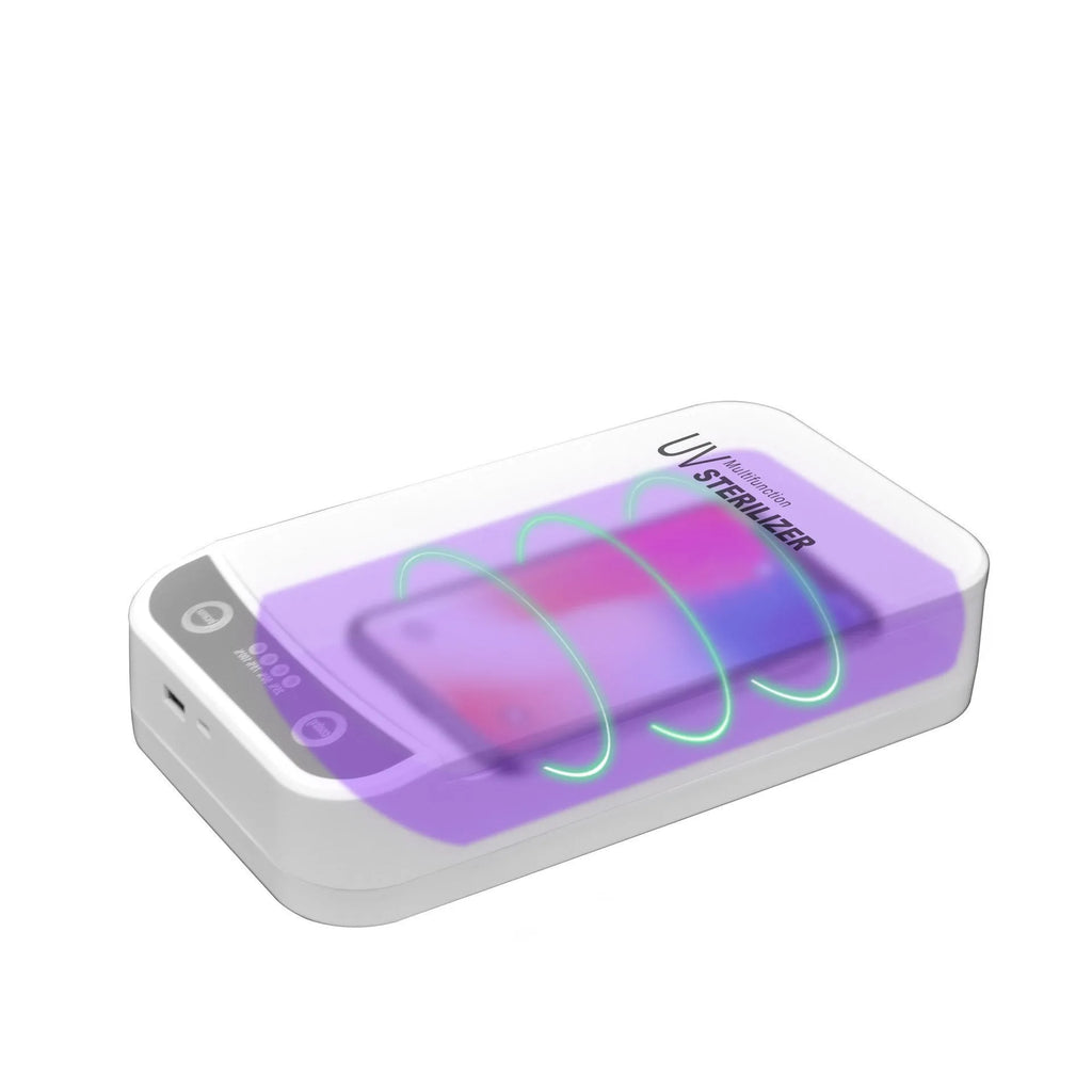 White portable UV disinfection box with lid open, showing internal chamber and UV lamps