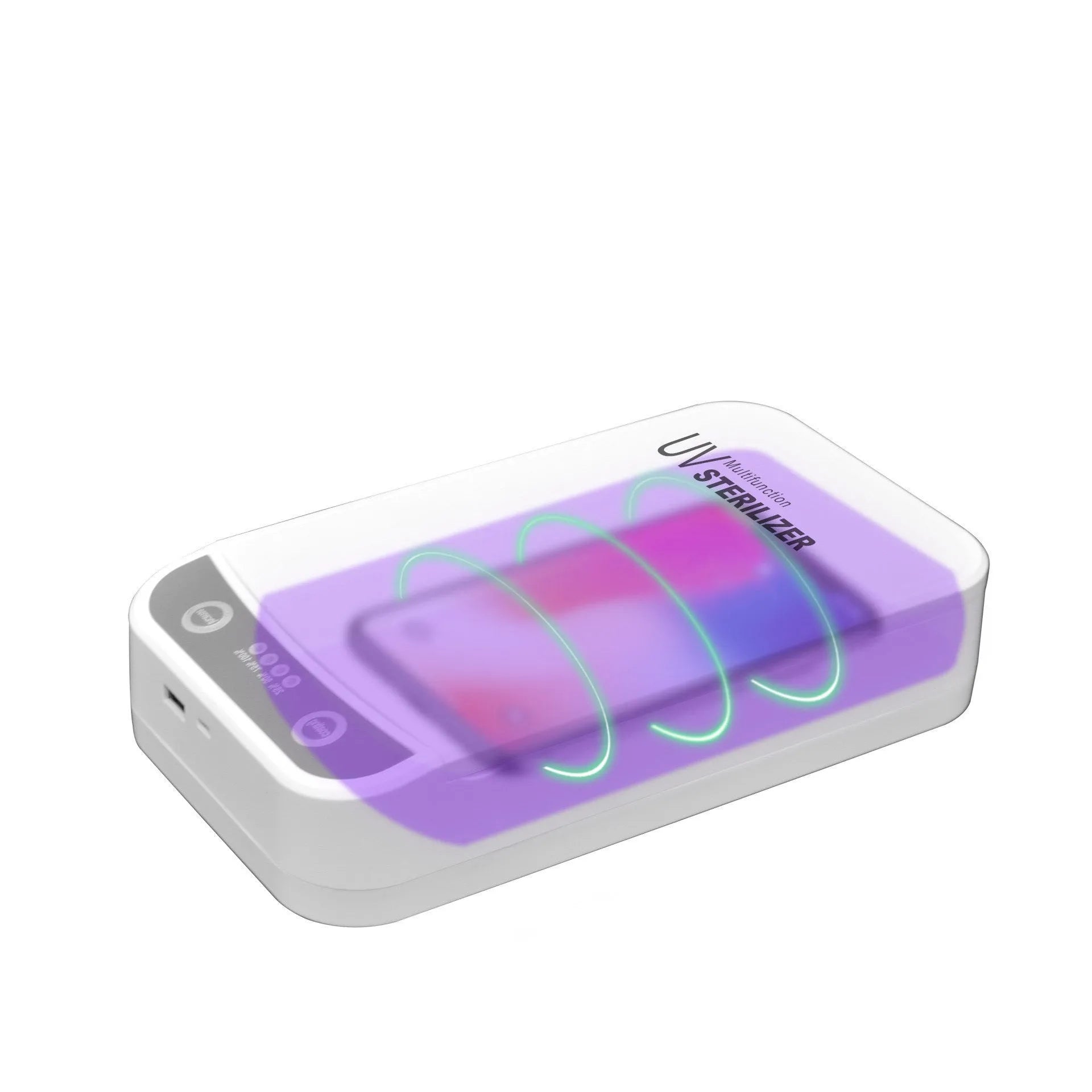 White portable UV disinfection box with lid open, showing internal chamber and UV lamps