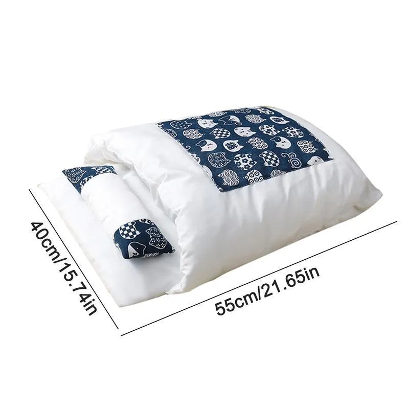 Winter cat bed house with removable pillow cushion in sleeping bag design