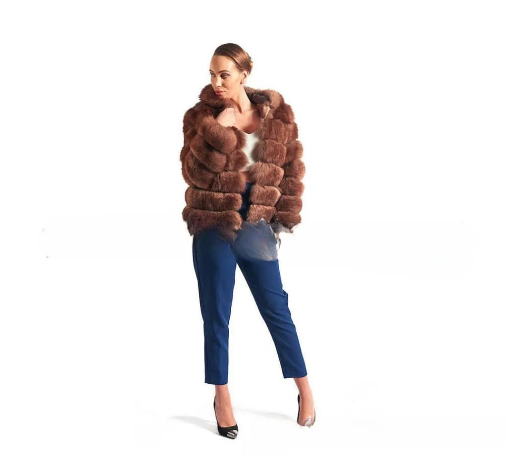 Women's artificial fur hooded coat in street fashion style, 65cm length, available in white silver fox and brown colours