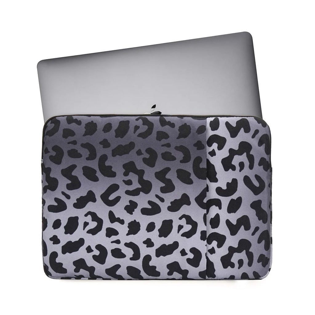 Leopard print laptop sleeve showing interior flannel lining, suitable for 13-inch to 16-inch devices with anti-shock protection