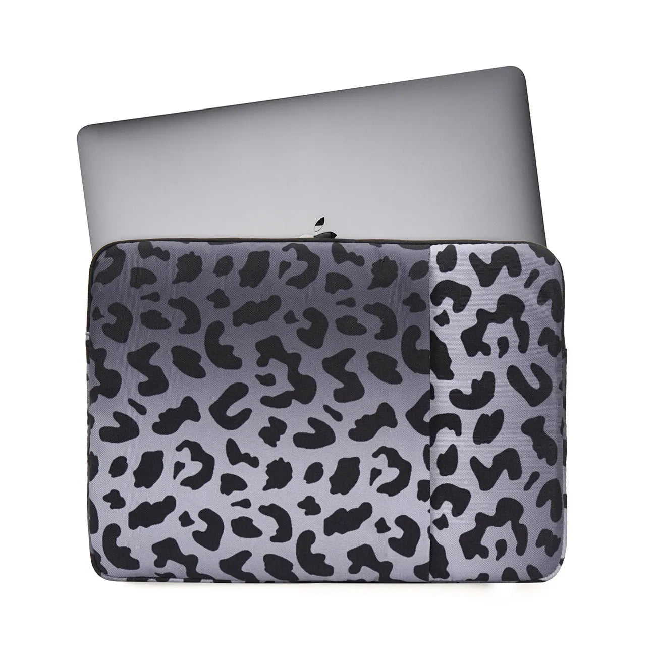 Leopard print laptop sleeve showing interior flannel lining, suitable for 13-inch to 16-inch devices with anti-shock protection