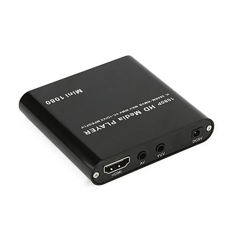 Compact black and blue Full HD 1080p media player with remote control on a wooden surface.