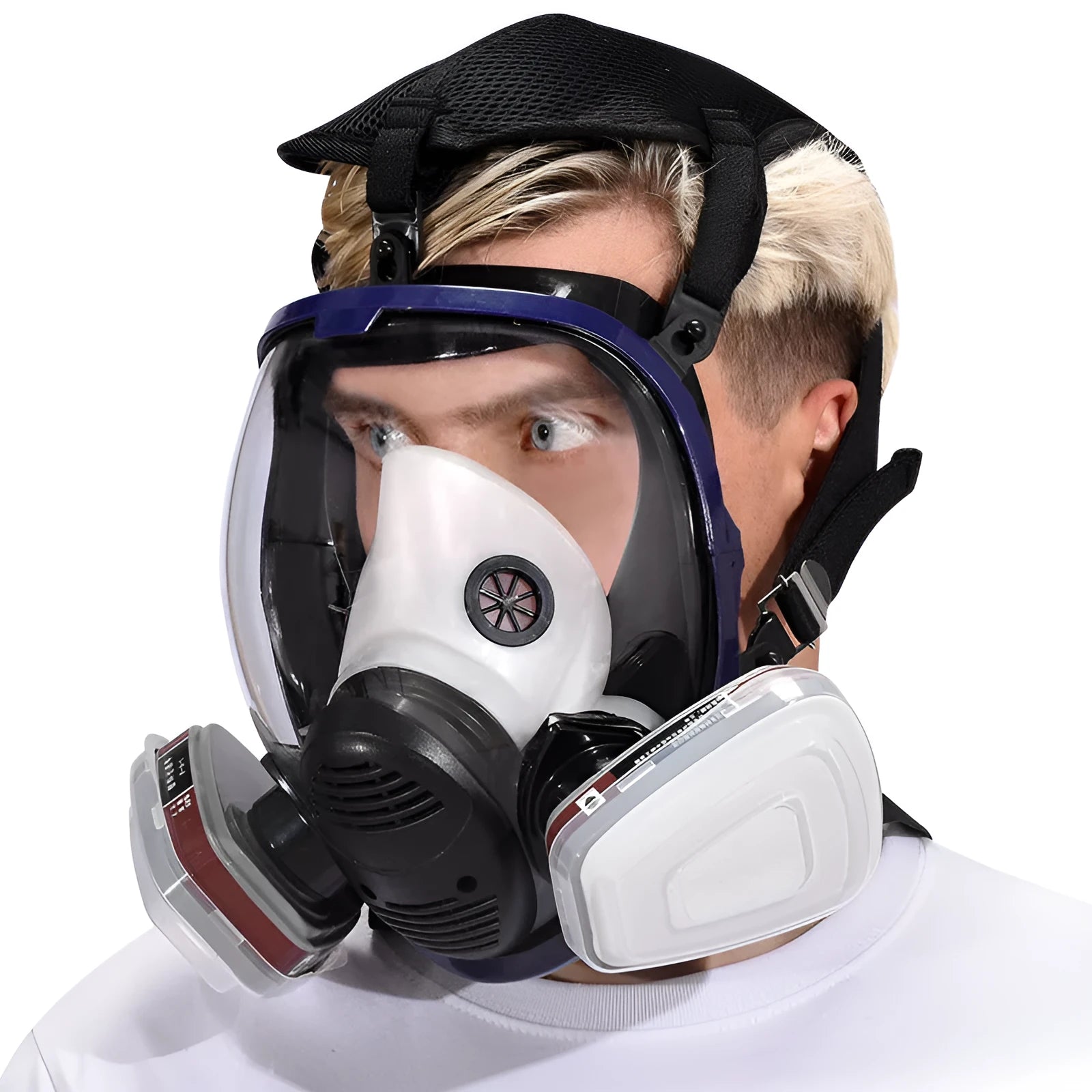 KN95 spherical full face mask with blue edge and trapezoidal canister design for respiratory protection