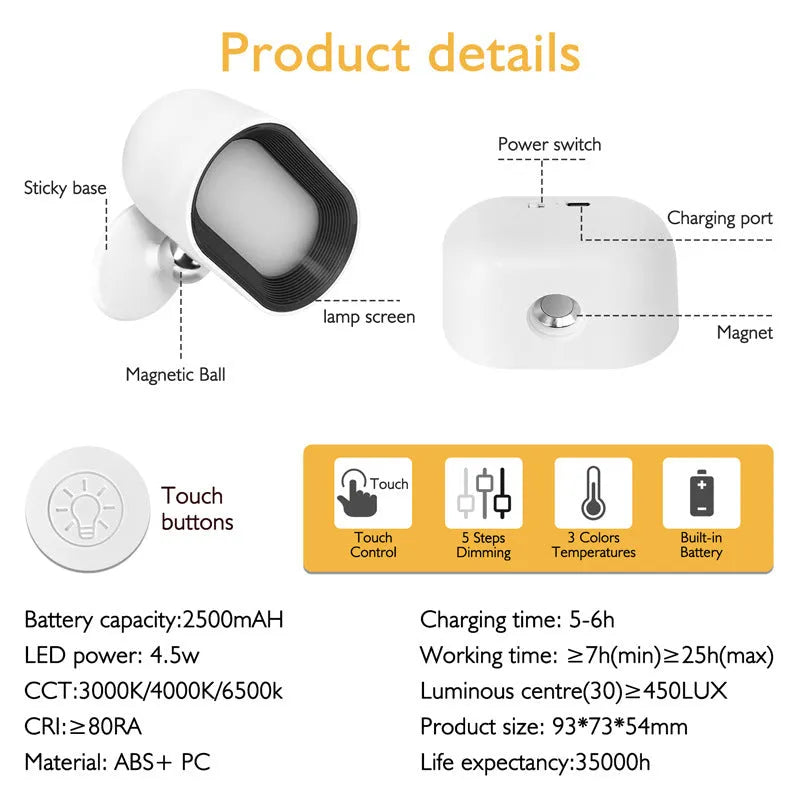 Remote touch magnetic wall lamp with oval white or black design, showing 360-degree rotation and control options.