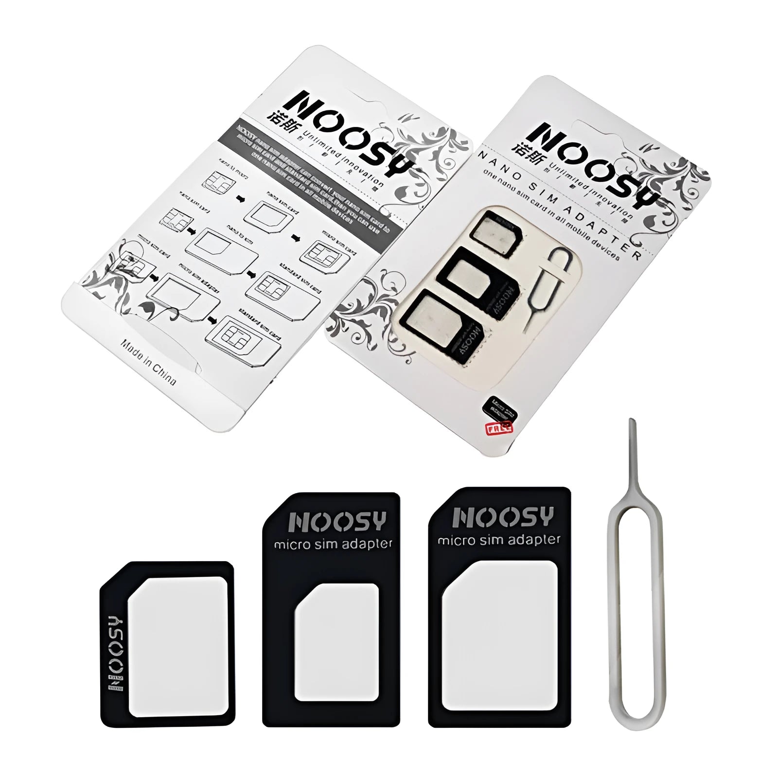 Three-piece SIM card adapter kit in black and white PC plastic for Standard, Micro, and Nano-SIM conversion.