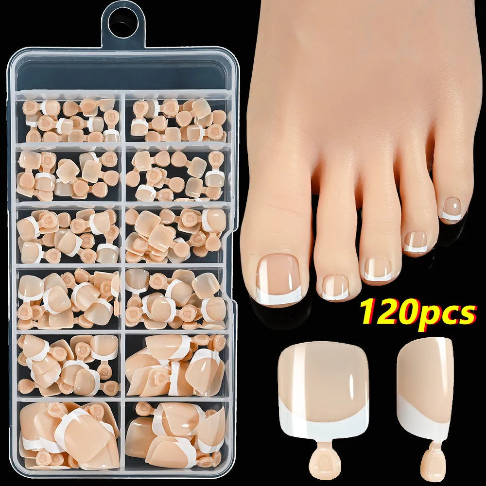 120 French white edge nude square short artificial toe nails in nine natural shades