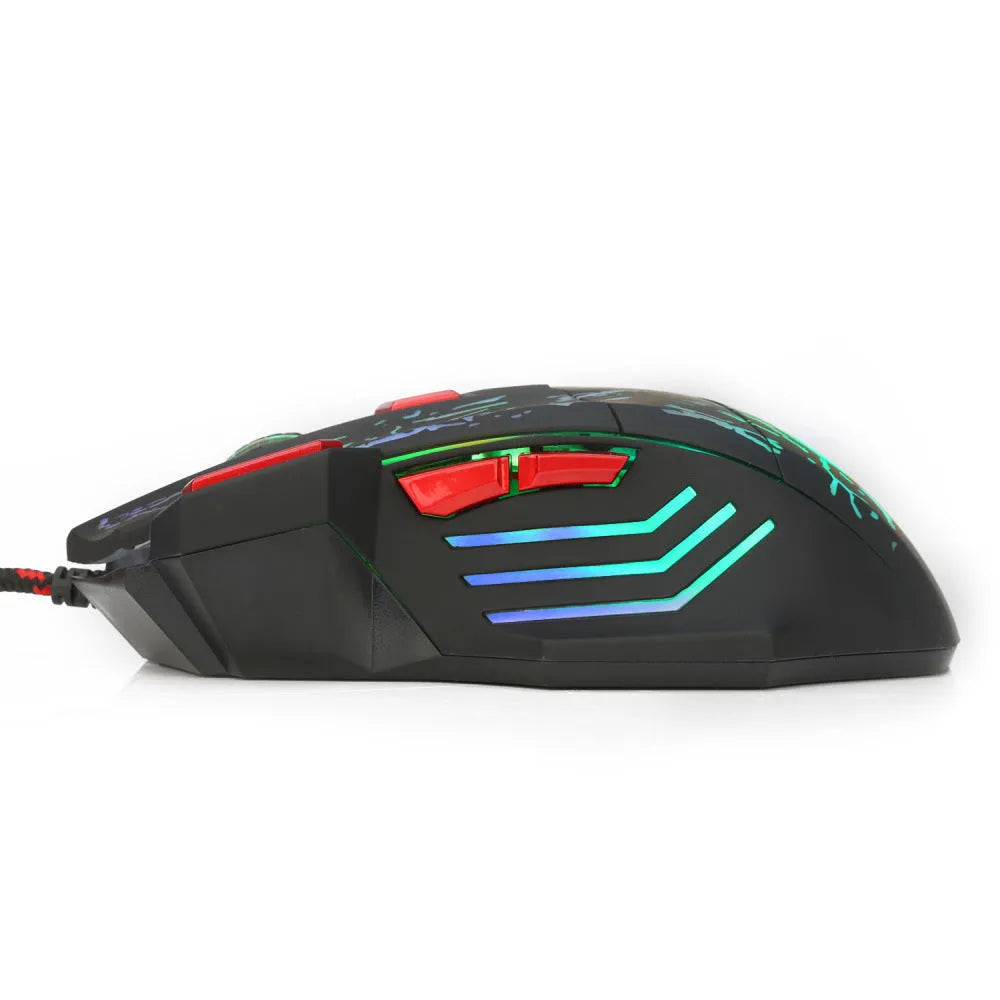 Water crack colourful luminous gaming mouse with USB cable on desktop surface