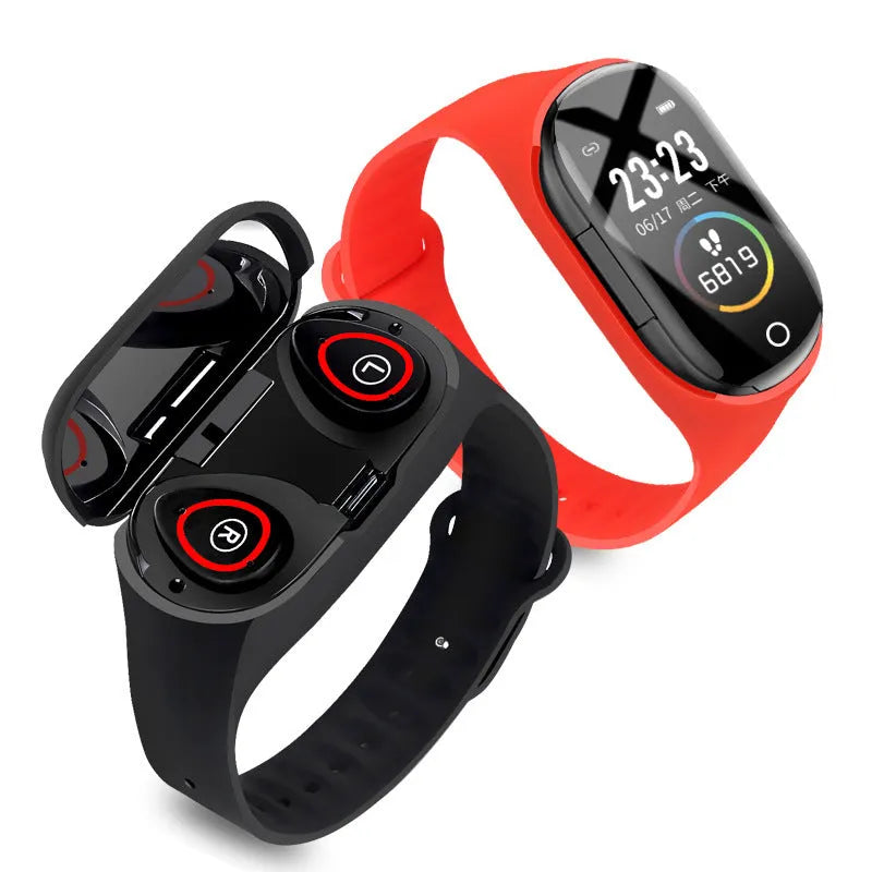 Smart bracelet earphone combo with 1-inch screen and silicone wristband in blue, black, or red colours