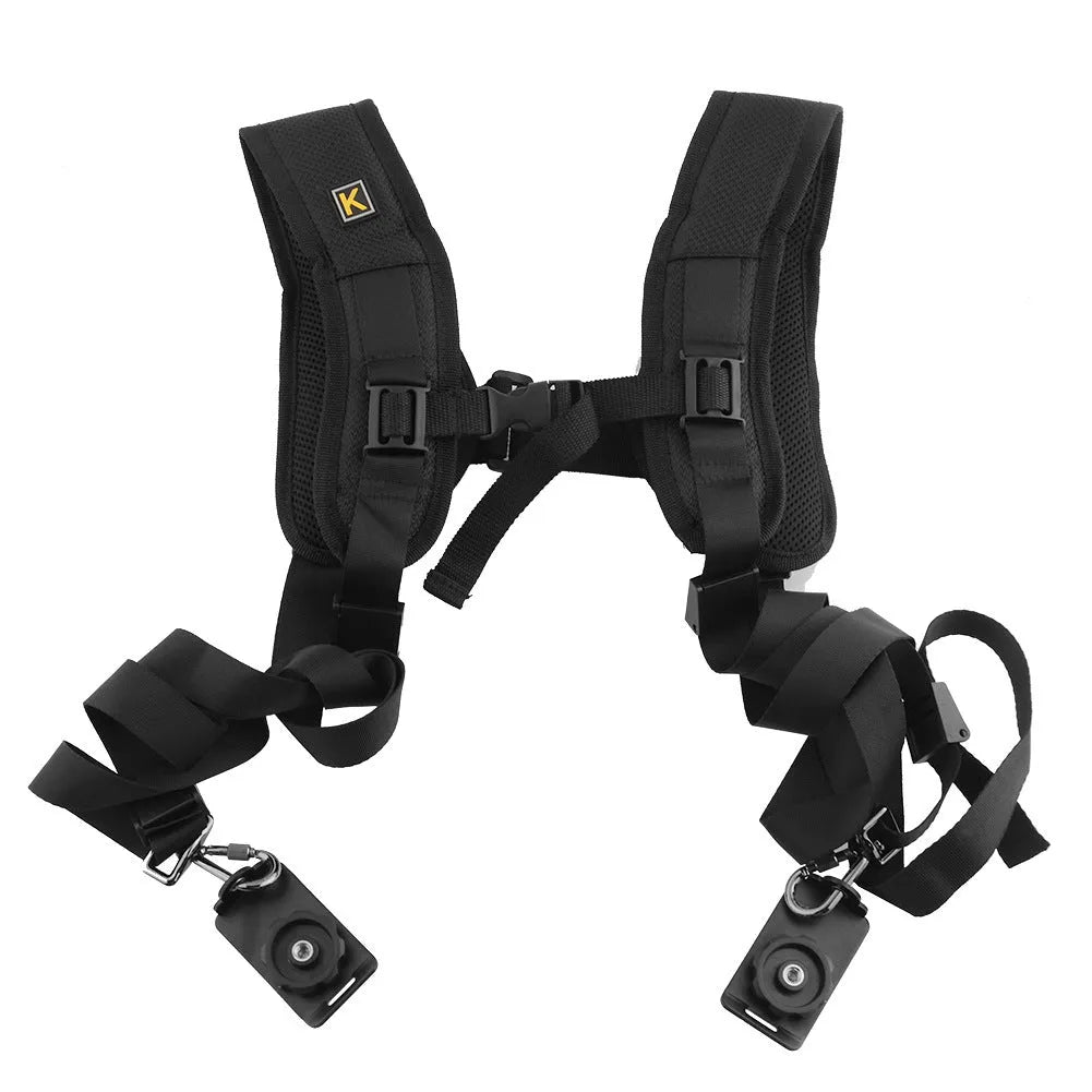 Professional SLR dual-camera strap with thick shoulder sponge padding and metal connectors for secure attachment