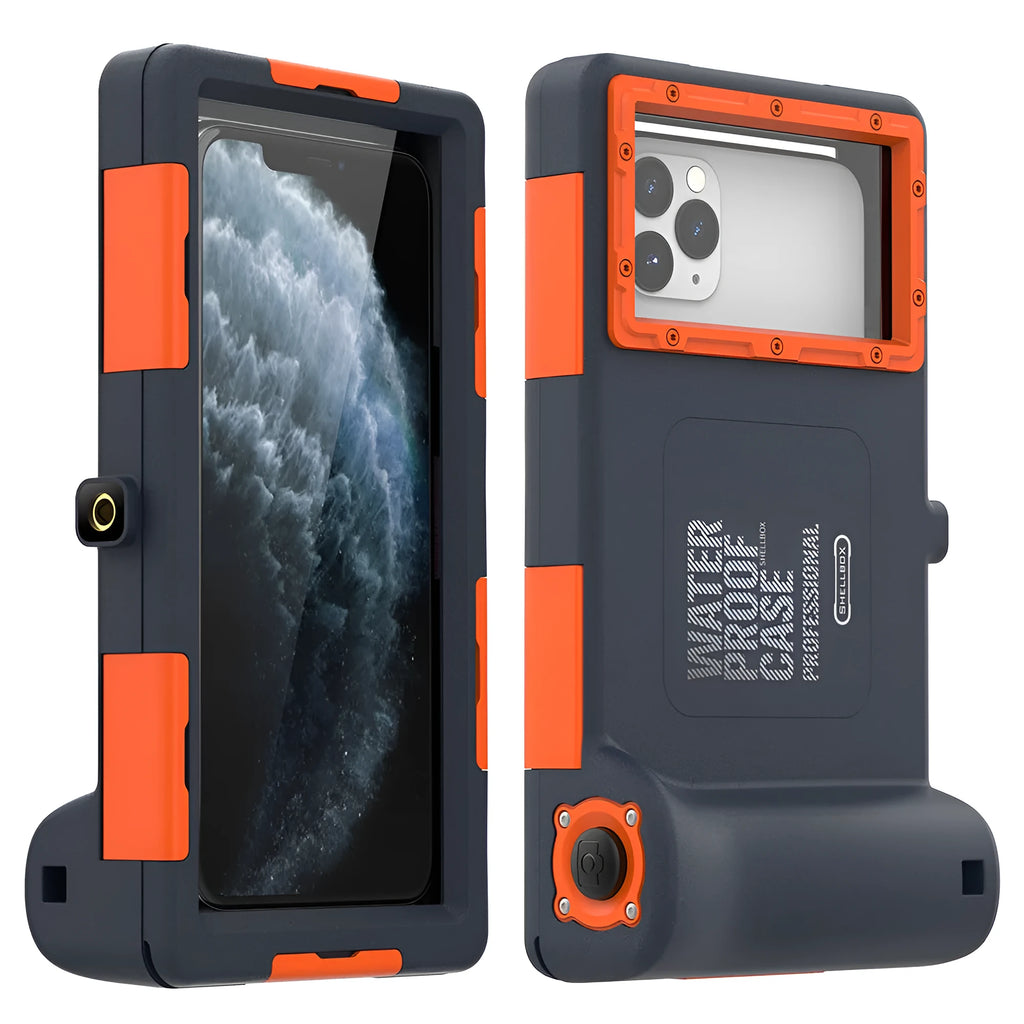 Orange waterproof mobile phone case compatible with iPhone and Samsung devices