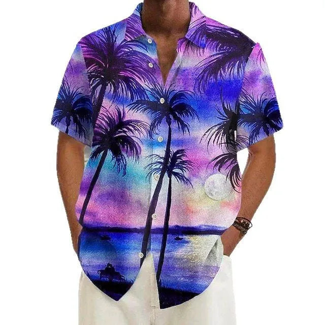 Men's printed casual shirt in polyester fabric showing colour options and relaxed fit